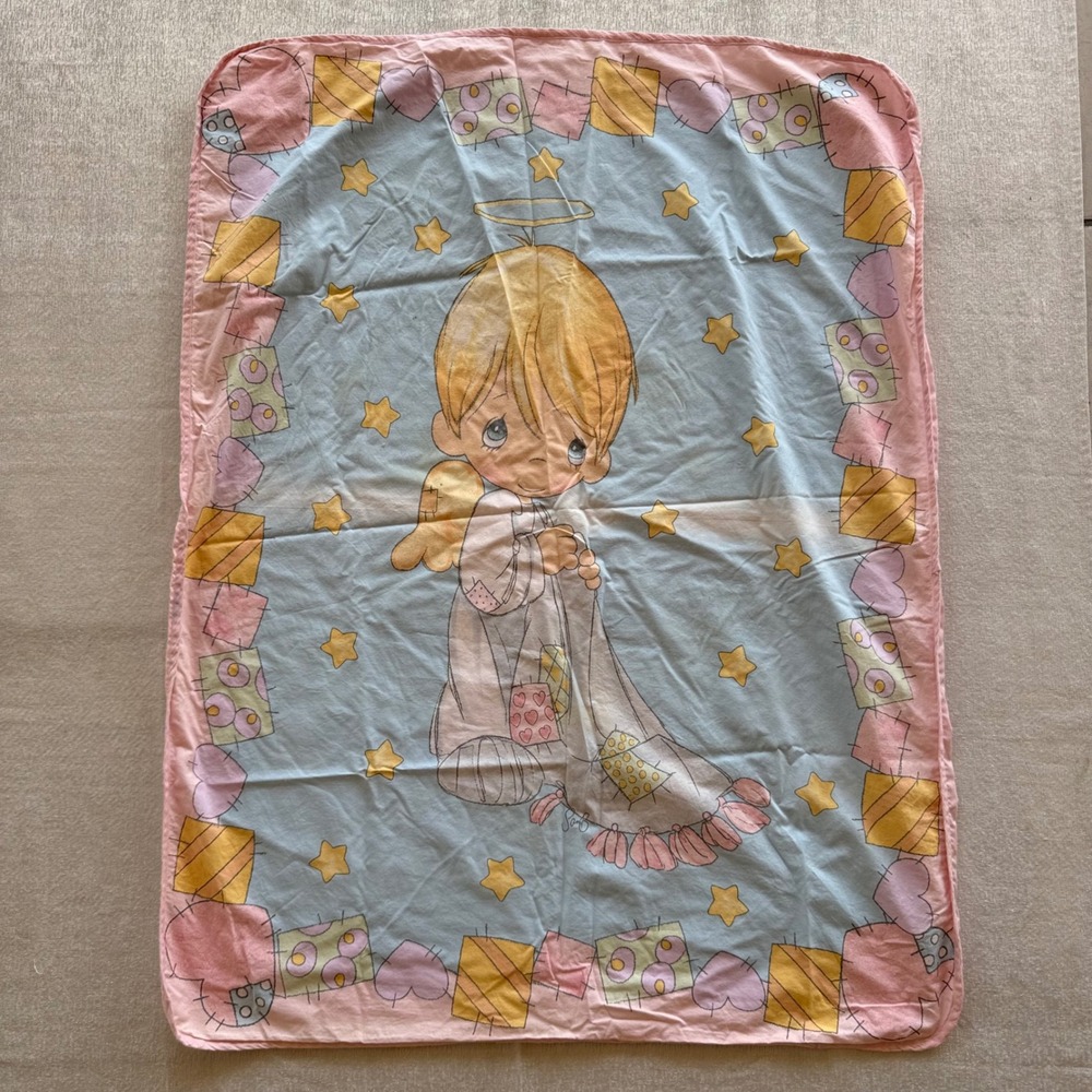 Vintage Precious Moments Baby Blanket‎ 42x31 Pink Blue Stars Angel Boy